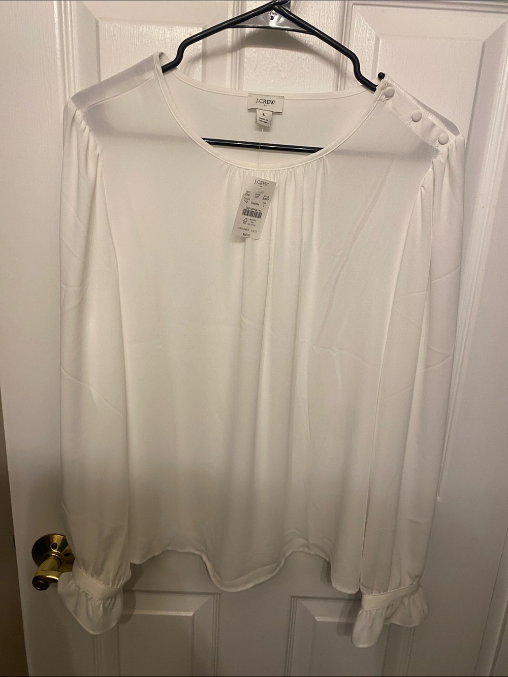 J. Crew White Long-Sleeve Ruffled Cuff Button-Shoulder Blouse